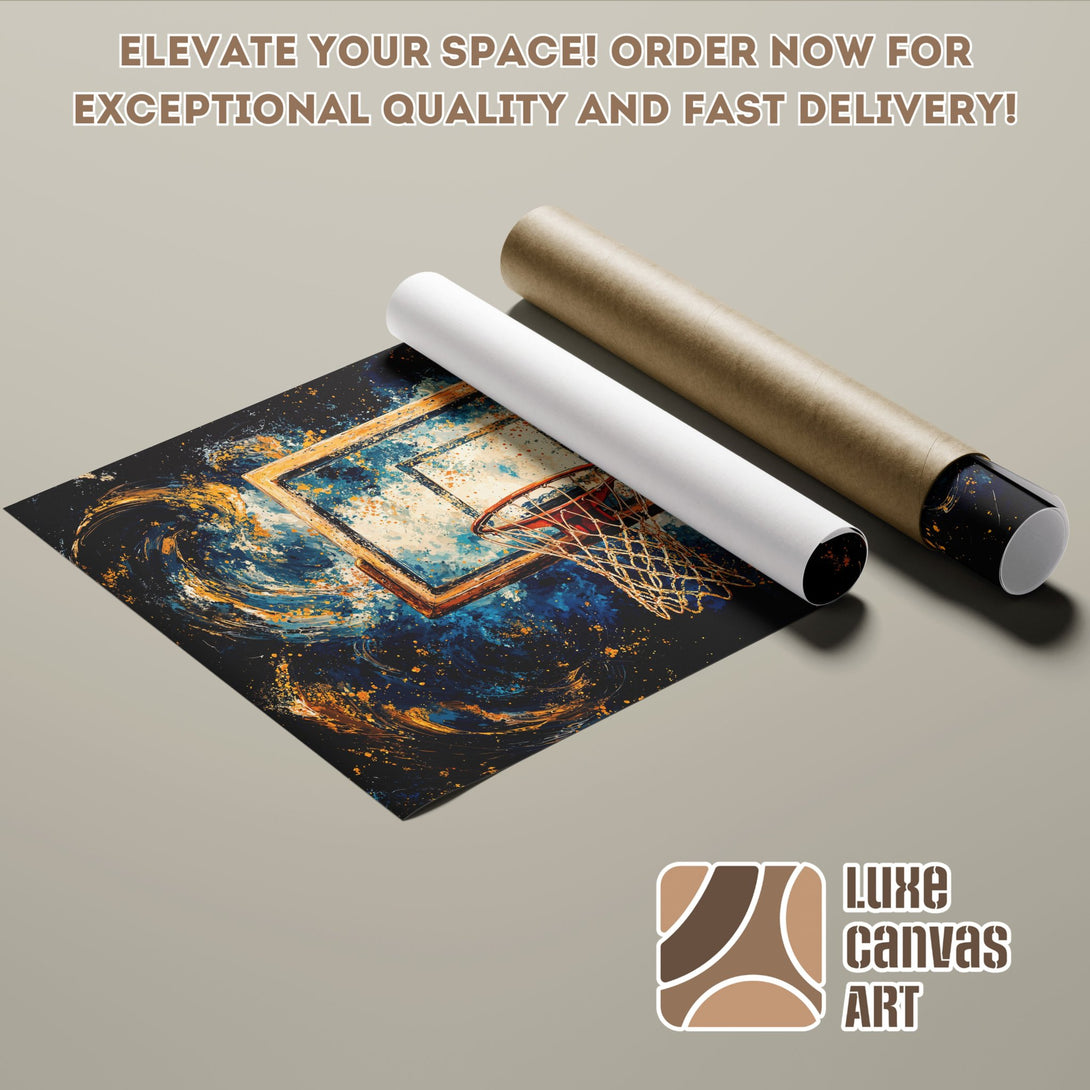 Basketball hoop art Poster Roll. Abstract style with blue, gold, and black color palette. Elevate your space today!