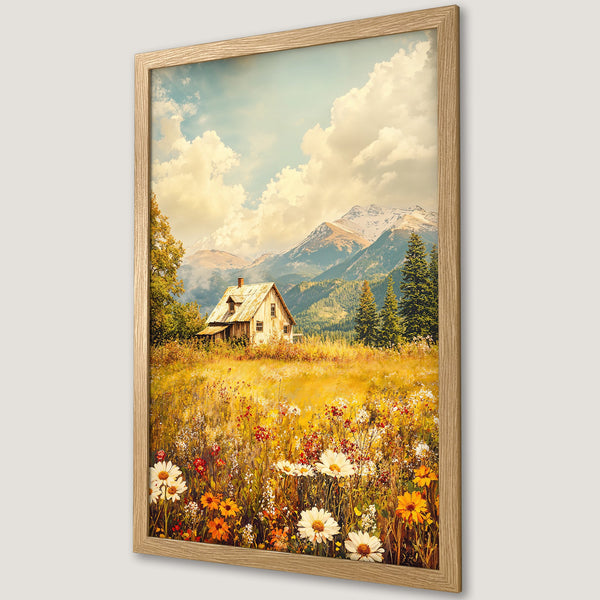 Framed Poster featuring a rustic cabin in a mountain landscape, with warm, inviting colors and a painterly style. Perfect wall art!
