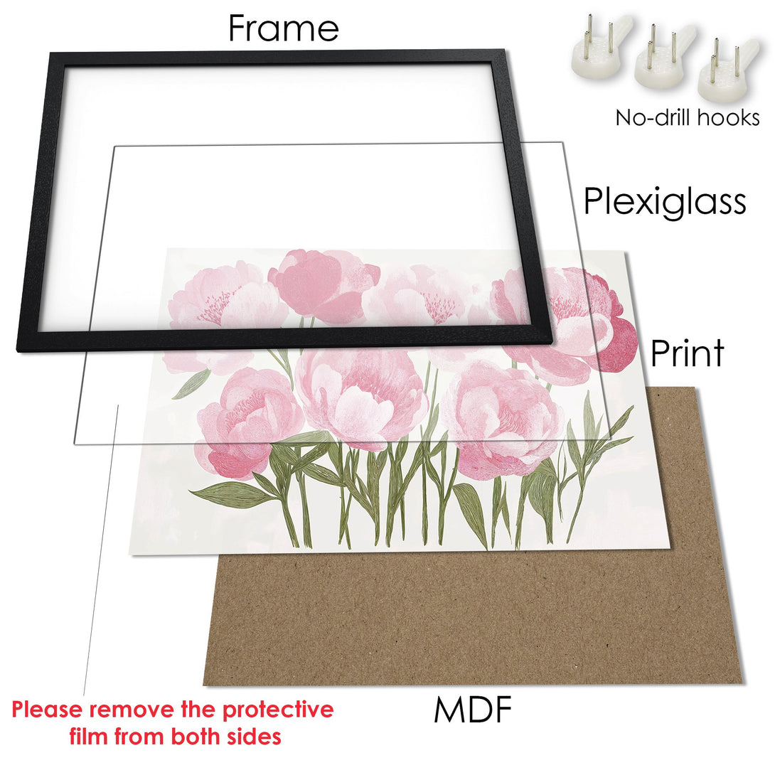 Framed Poster featuring pink floral art. Modern style with a soft, pastel color palette. Perfect wall decor for any room!