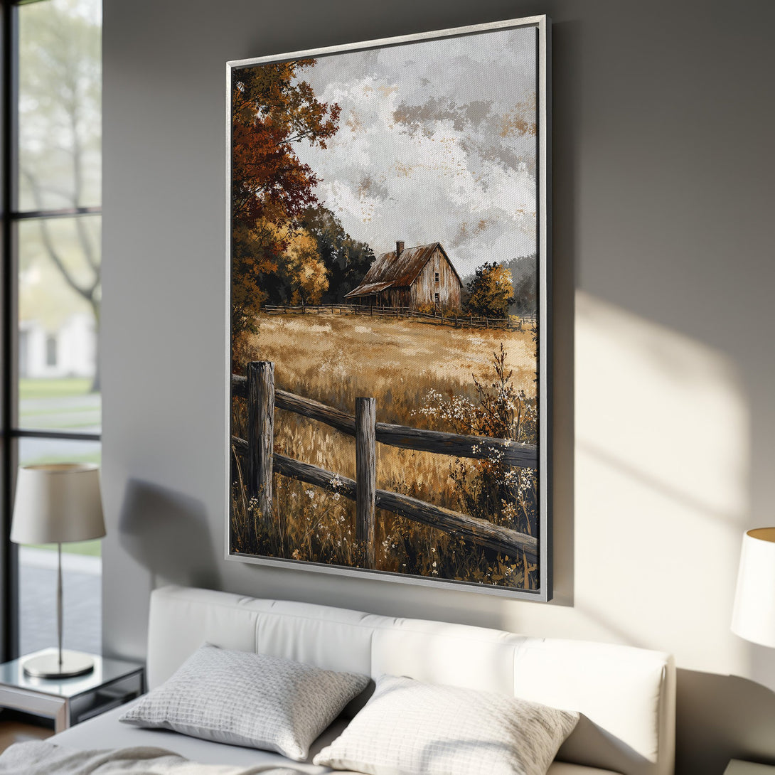 Framed Wall Art: Rustic barn landscape Canvas Print in warm earth tones. Add farmhouse charm to your home with this beautiful artwork.