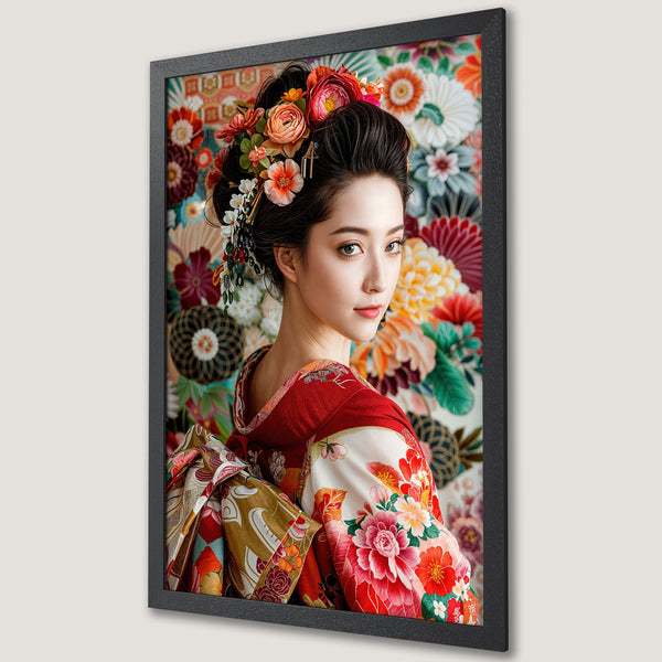 Framed Poster of a geisha in a vibrant floral kimono. Features a colorful, traditional Japanese style with a red, floral color palette.