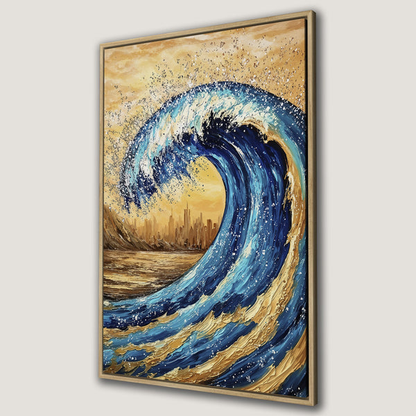 Framed Wall Art: Abstract wave painting in blue, gold, and beige tones. Textured art print perfect for coastal decor and modern interiors.