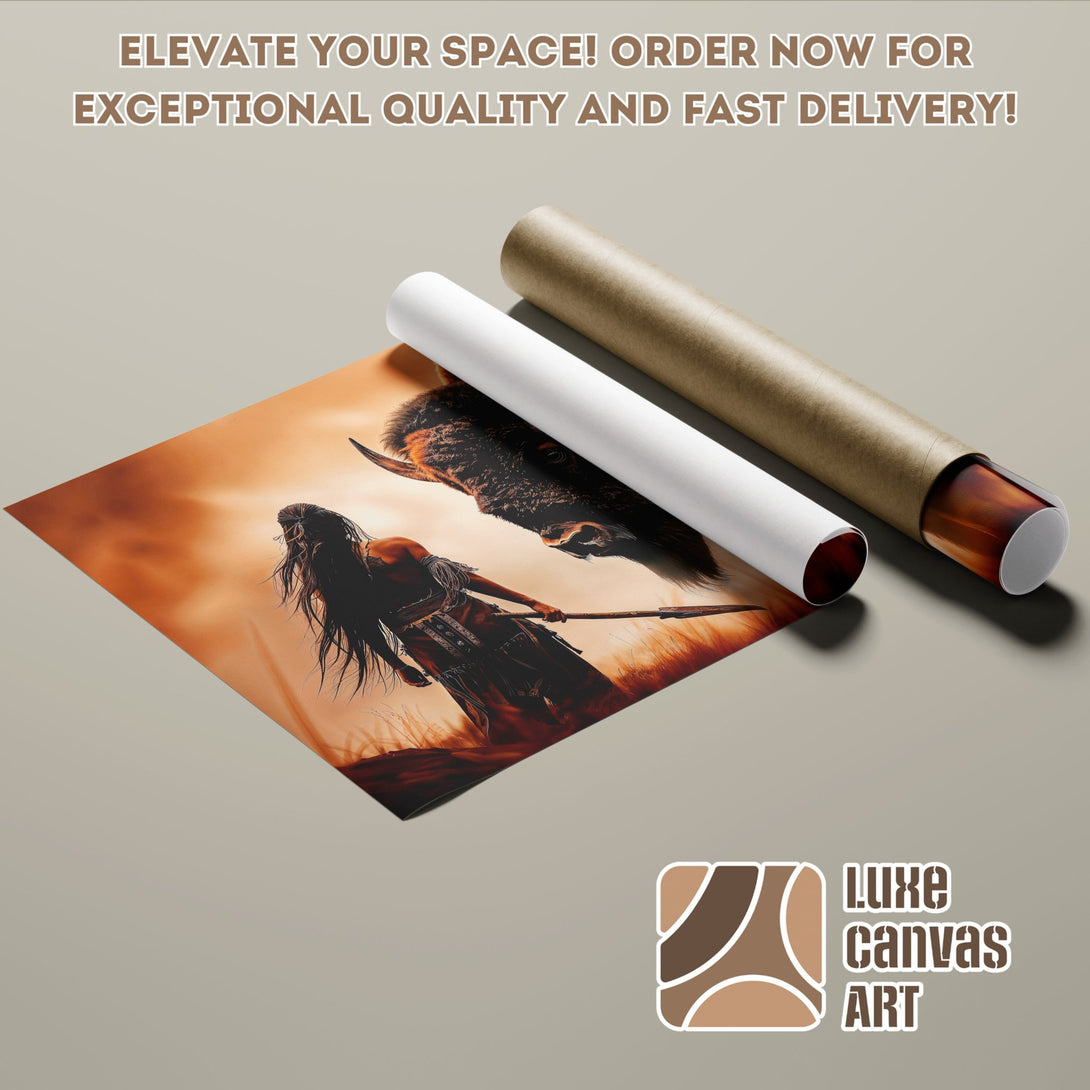 Poster Roll featuring Native American warrior and bison, warm color palette, perfect wall art.