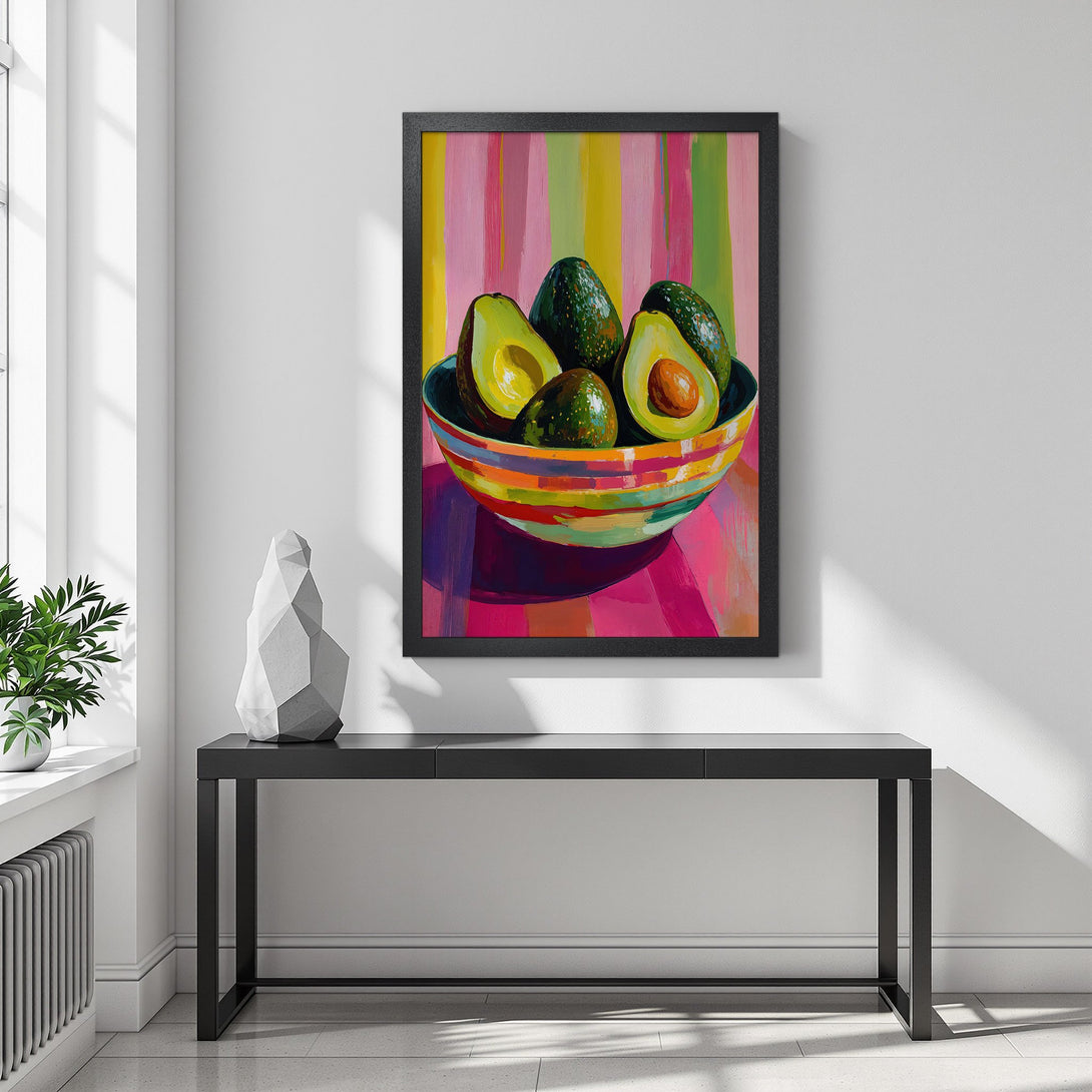 Framed Poster featuring a vibrant avocado still life painting, colorful palette. Perfect kitchen decor!