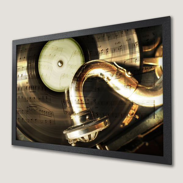 Framed Poster featuring a vintage gramophone and sheet music, in a warm, sepia-toned palette. Perfect for music lovers!