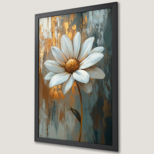 Framed Poster featuring a white daisy flower in an abstract style with gold, teal, and white color palette. Perfect wall art.
