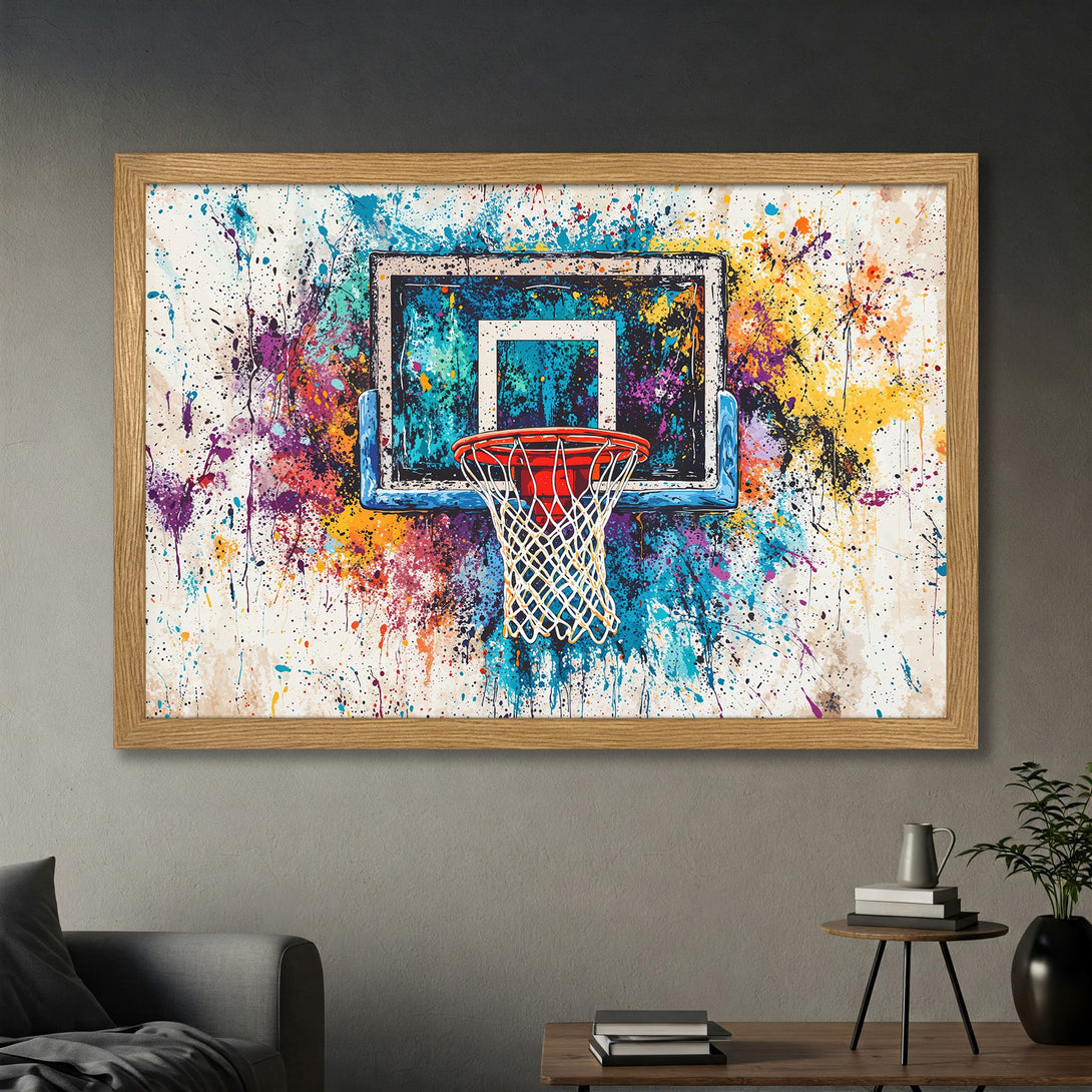 Framed Poster featuring a vibrant, abstract basketball hoop art print. Colorful splatter style with blue, orange, and purple hues. Perfect wall decor!