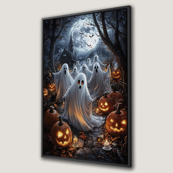 Framed Wall Art: Spooky Halloween scene with ghosts, jack-o'-lanterns, and a full moon. Dark, atmospheric illustration in a cool, muted color palette. Perfect for Halloween decor!