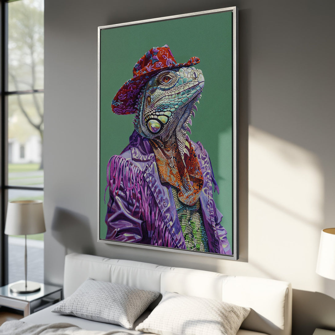 Framed Wall Art featuring a stylish iguana in a cowboy hat, vibrant purple and green color palette. Unique art for home decor.