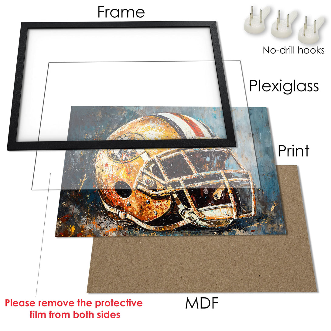 Framed Poster of a football helmet, abstract style, with a warm color palette. Perfect wall art for any sports fan!