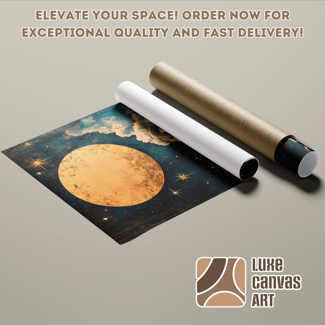 Poster Roll featuring a celestial design in blue, gold, and brown tones. Elevate your space!