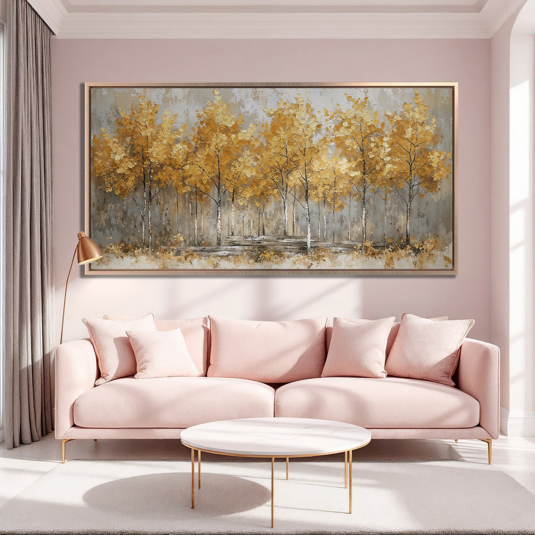 Framed Wall Art: Golden autumn trees in a modern style. Warm gold and gray tones create a cozy, inviting aesthetic for your home.