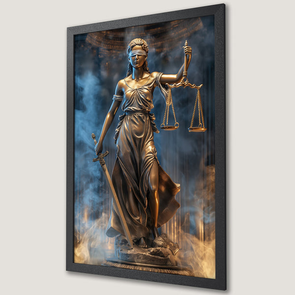 Framed Poster featuring Lady Justice statue, bronze tones with blue and gold accents, dramatic style. Perfect wall art!