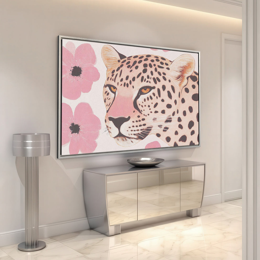 Framed Wall Art: Leopard print canvas with pink floral accents. Modern art in a blush and neutral color palette. Perfect for home decor.