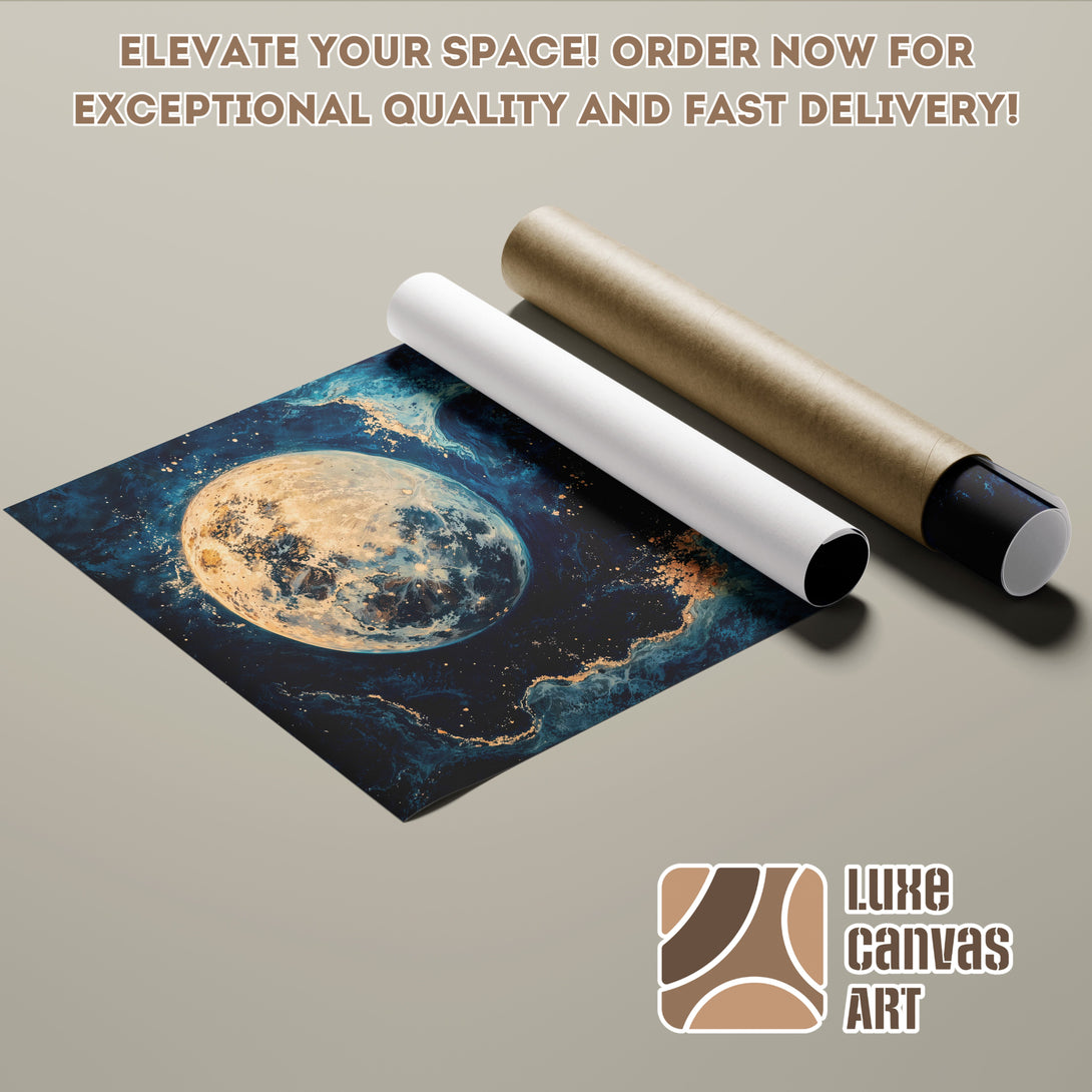 Poster Roll featuring a celestial art print in blue, gold, and neutral tones. Elevate your space with Luxe Canvas Art!