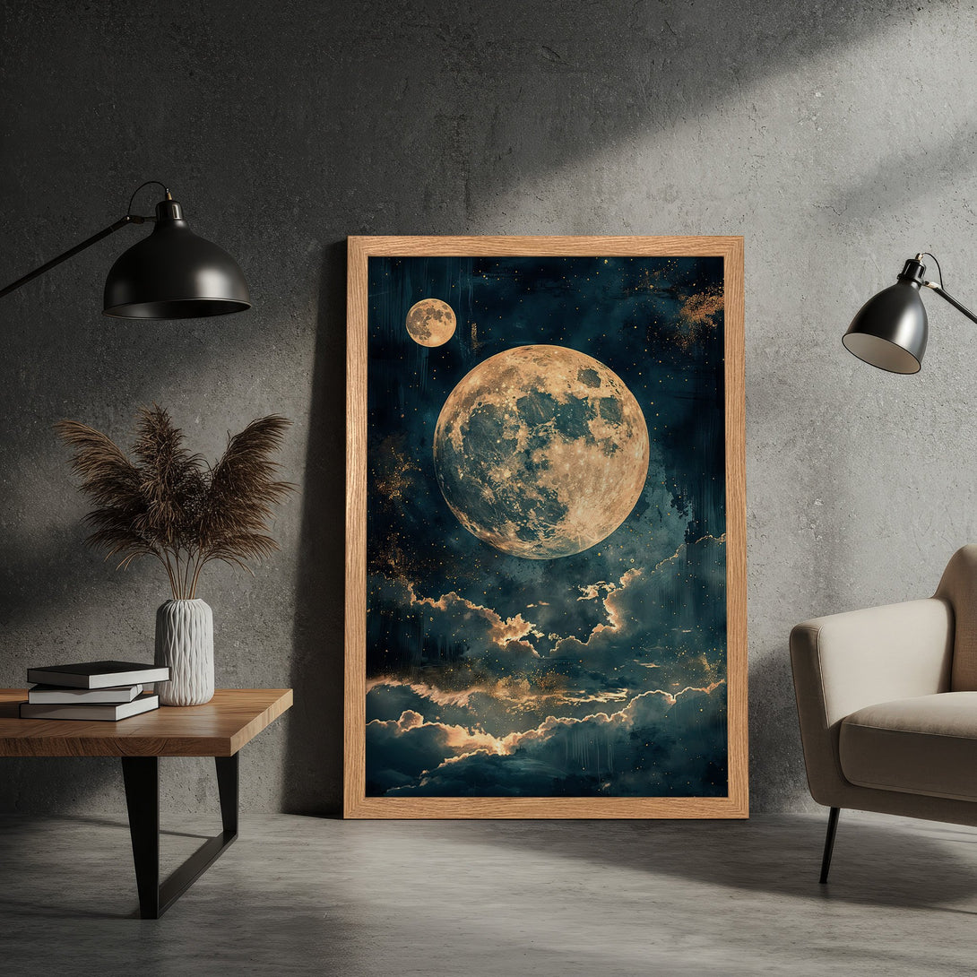 Framed Poster featuring a celestial moonscape in a dark blue and gold color palette. Add a touch of cosmic art to your space!