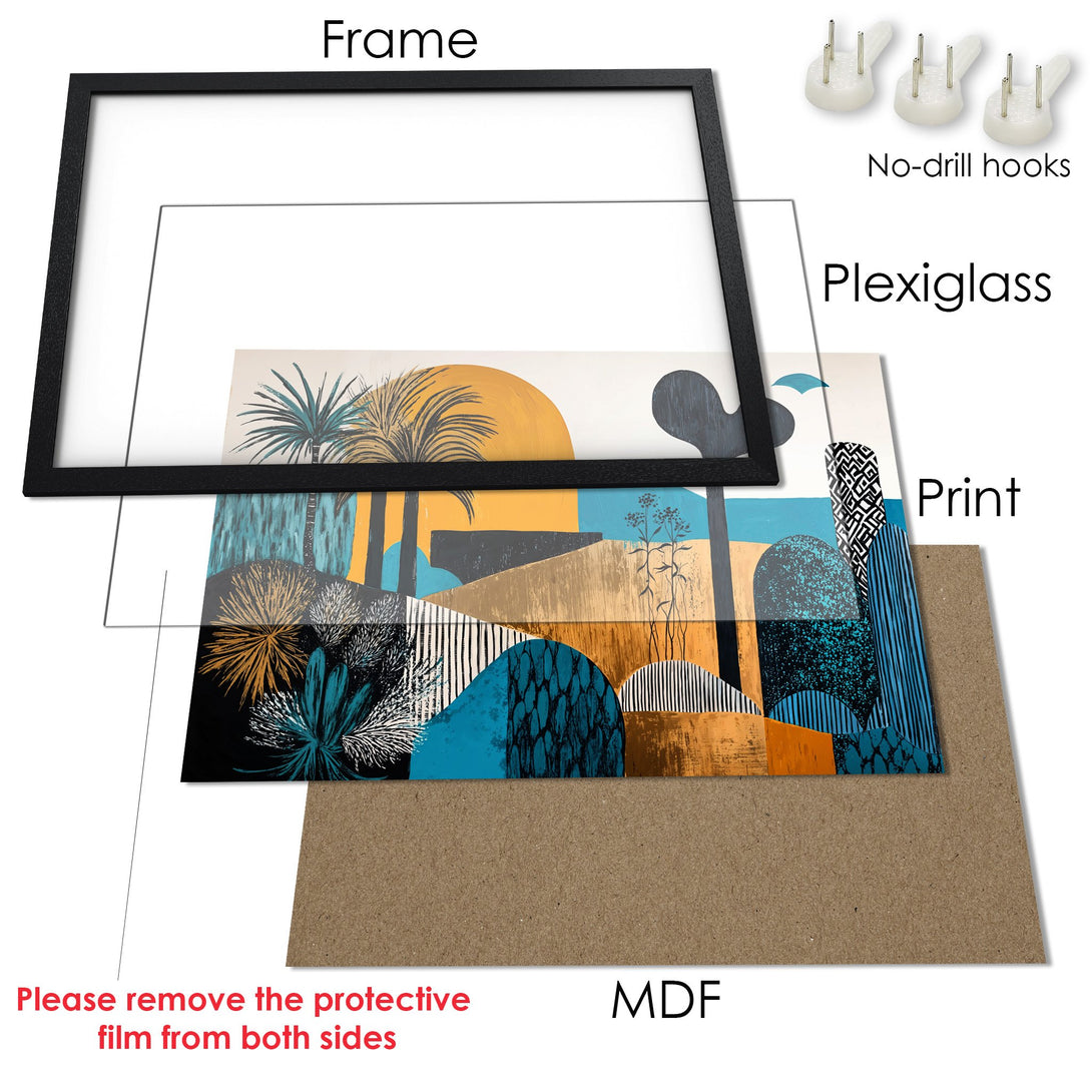 Framed Poster featuring abstract landscape art in teal, orange, and black. Modern style, ready to hang!