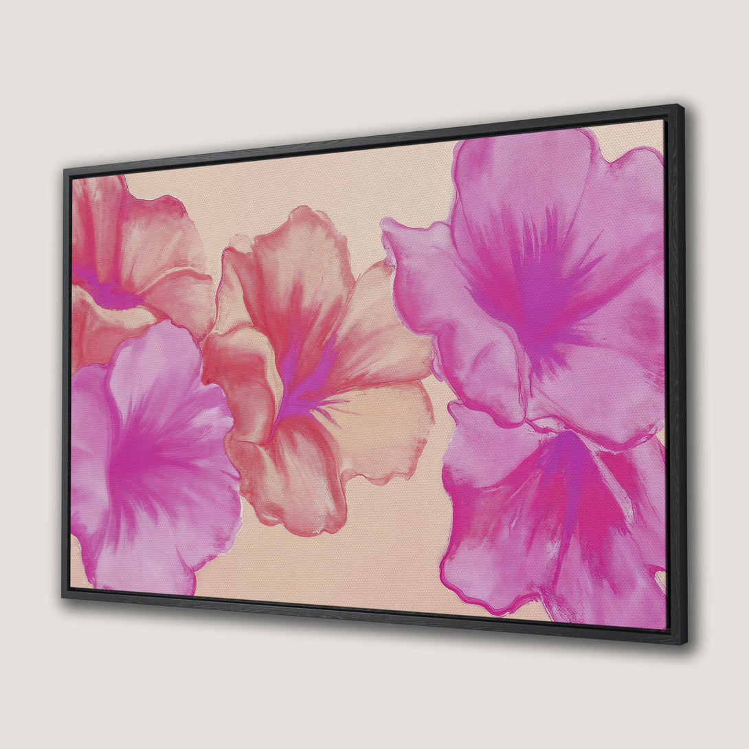 Framed Wall Art: Vibrant pink floral canvas print. Modern abstract style with a warm, inviting color palette, perfect for adding a pop of color to any space.