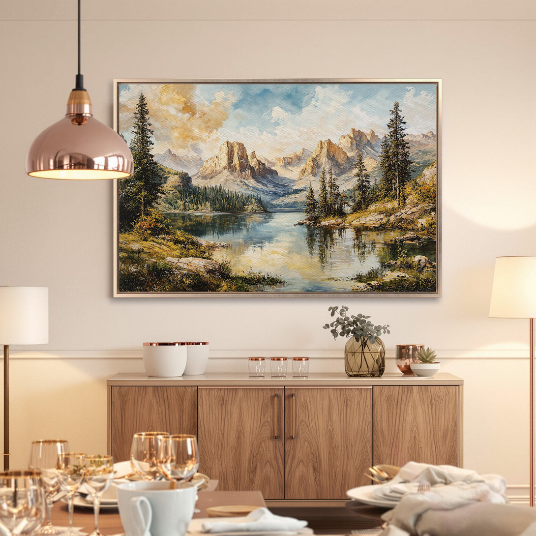 Framed Wall Art: Serene mountain landscape canvas print in warm earth tones. Bring nature's beauty indoors with this stunning artwork.