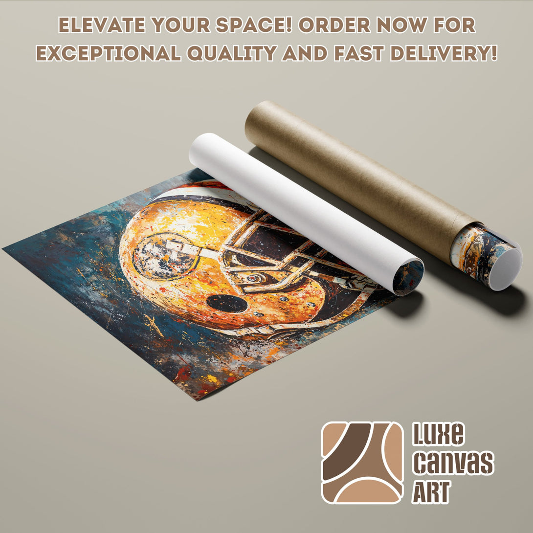 Football helmet art Poster Roll, abstract style, blue, orange, brown palette. Elevate your space!