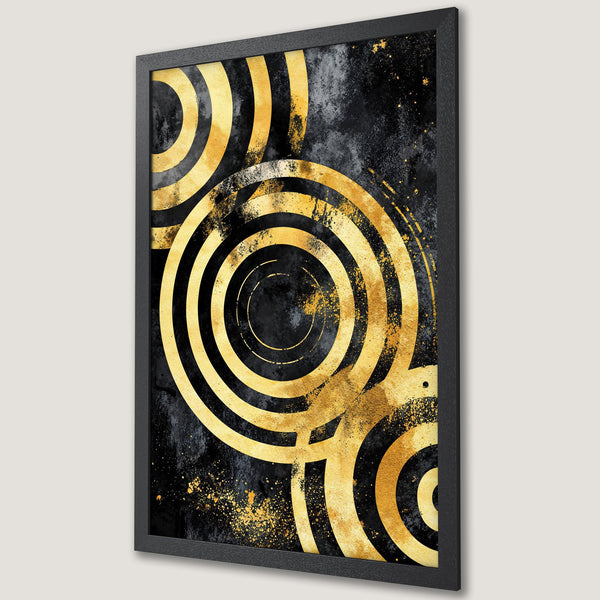Framed Poster featuring gold concentric circles on a black abstract background. Modern art print with a luxurious gold and black color palette.