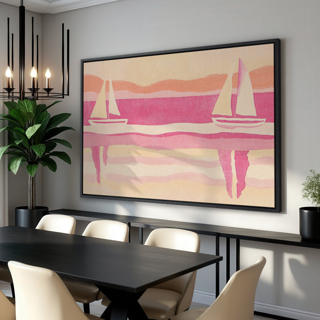 Framed Wall Art: Abstract sailboat Canvas Print in pink and beige. Modern art for dining room decor. Coastal style wall art.