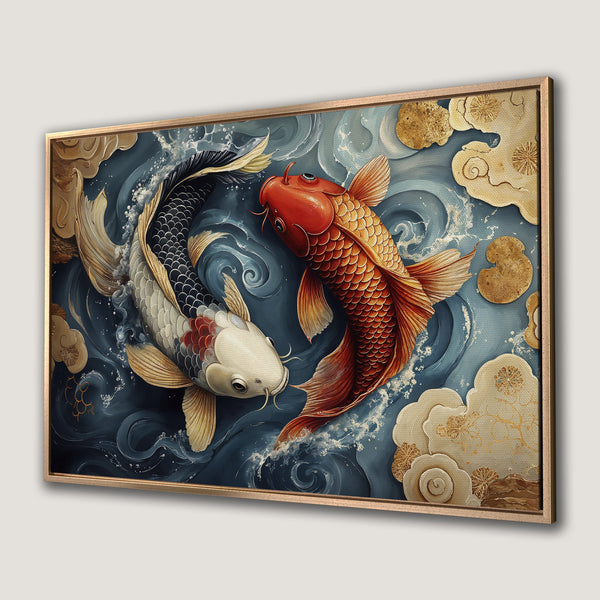 Framed Wall Art of koi fish in a watercolor style. Deep blue, gold, and red color palette creates a serene and elegant aesthetic. Perfect for home decor!