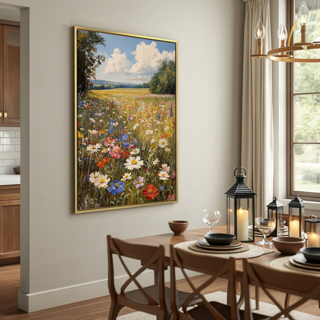 Canvas Print of a vibrant wildflower field painting, showcasing a colorful, impressionistic style with a warm, natural color palette.