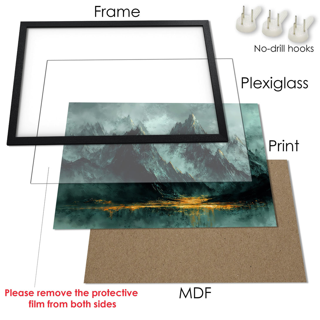 Framed Poster featuring a mountain landscape art print in a moody teal and gold color palette. Ready to hang!