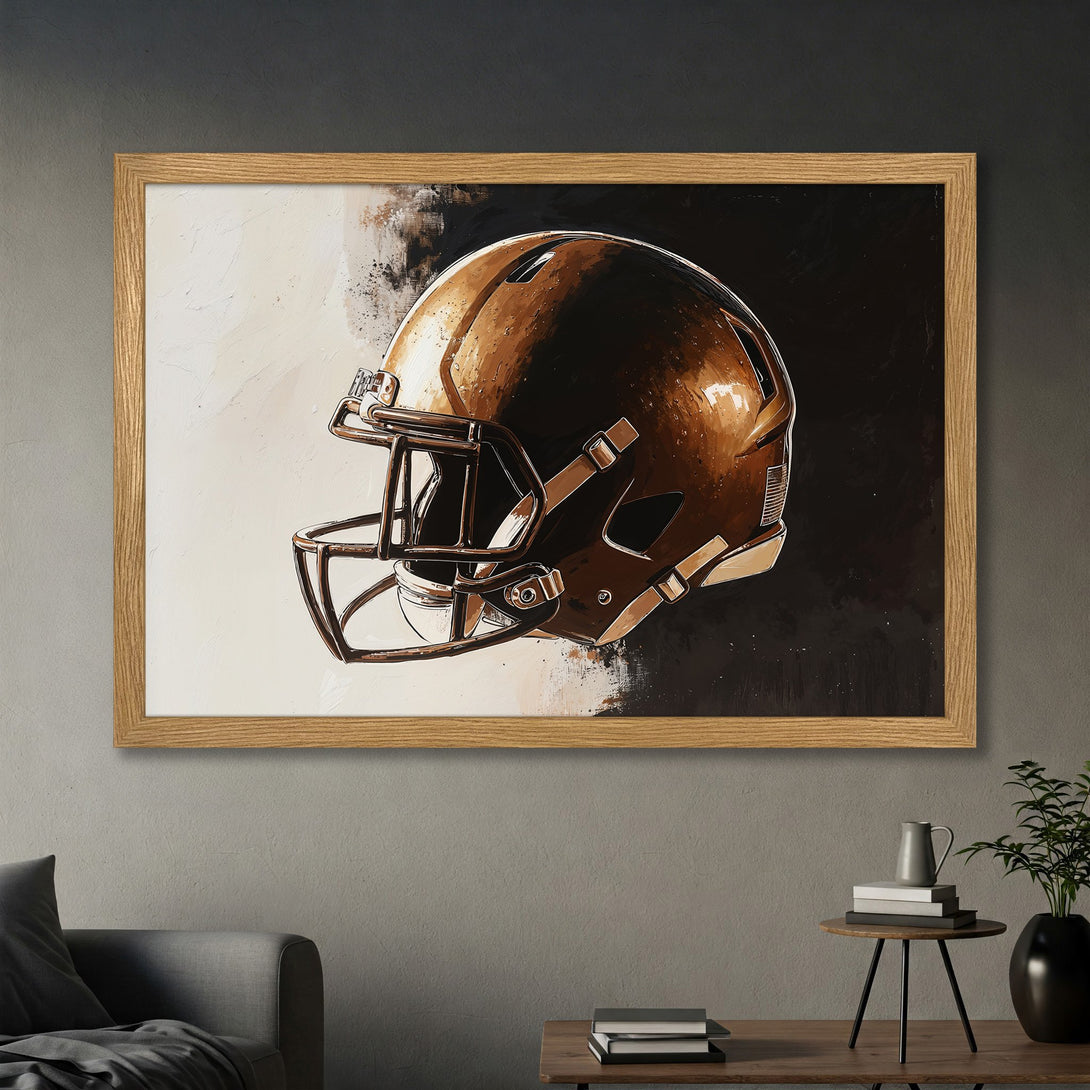 Framed Poster of a football helmet in a modern style with a brown and neutral color palette, perfect for sports fans.