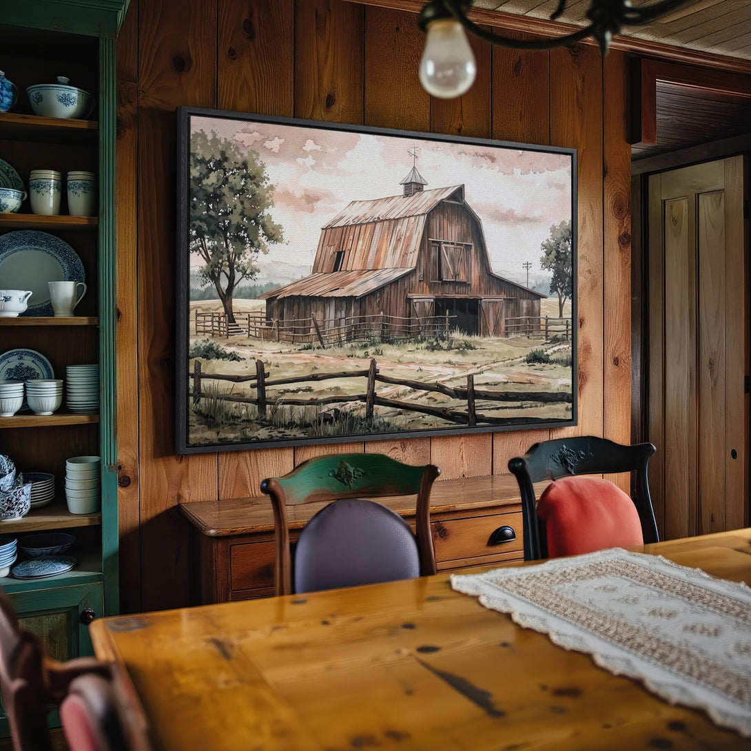 Framed Wall Art: Rustic barn landscape canvas print in warm earth tones. Perfect farmhouse decor for any space!