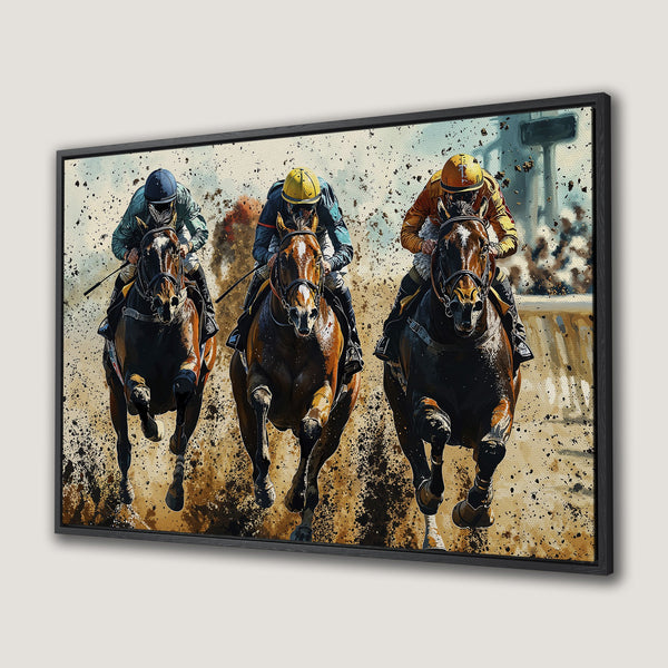 Framed Wall Art: Dynamic horse racing scene in a vibrant, painterly style. Earthy tones with pops of color create a stunning focal point for any space.
