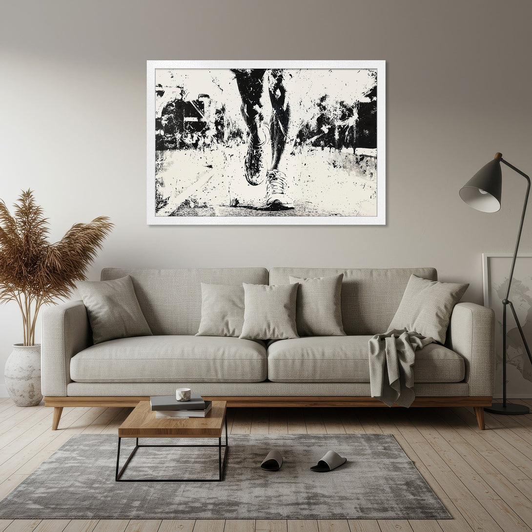 Framed Poster featuring abstract running legs art in black and white. Modern, minimalist style with a neutral color palette. Perfect home decor.