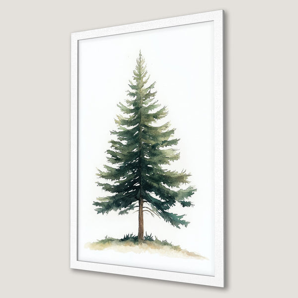 Framed Poster of a watercolor pine tree. Featuring a minimalist style and a green and white color palette. Perfect for nature lovers!