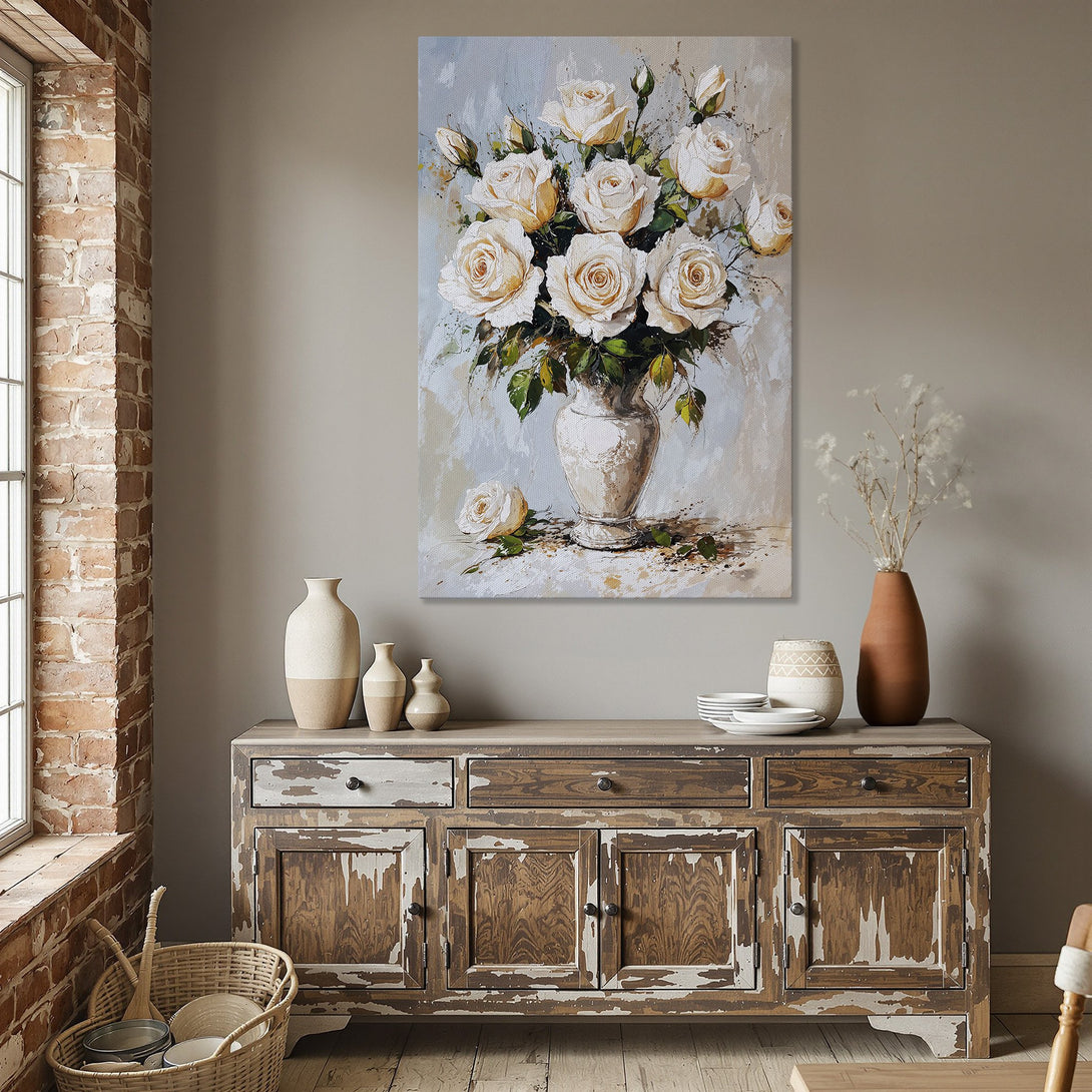 Framed Wall Art: Elegant floral painting of white roses in a vase. Soft, neutral color palette adds a touch of sophistication to any dining room.