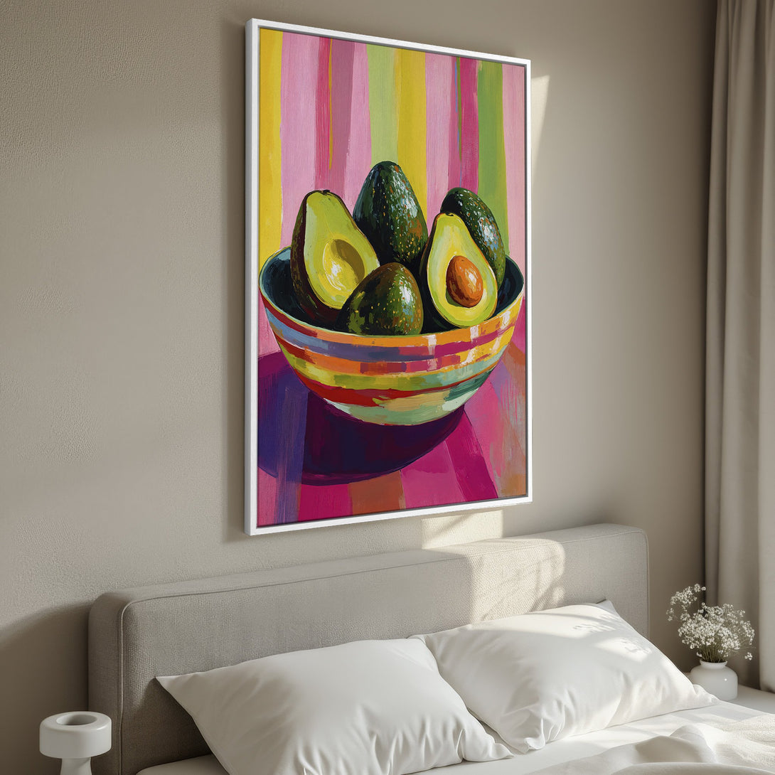Framed Wall Art: Vibrant avocado still life painting in a colorful, modern style. Perfect kitchen decor with a bright pink, yellow, and green palette.