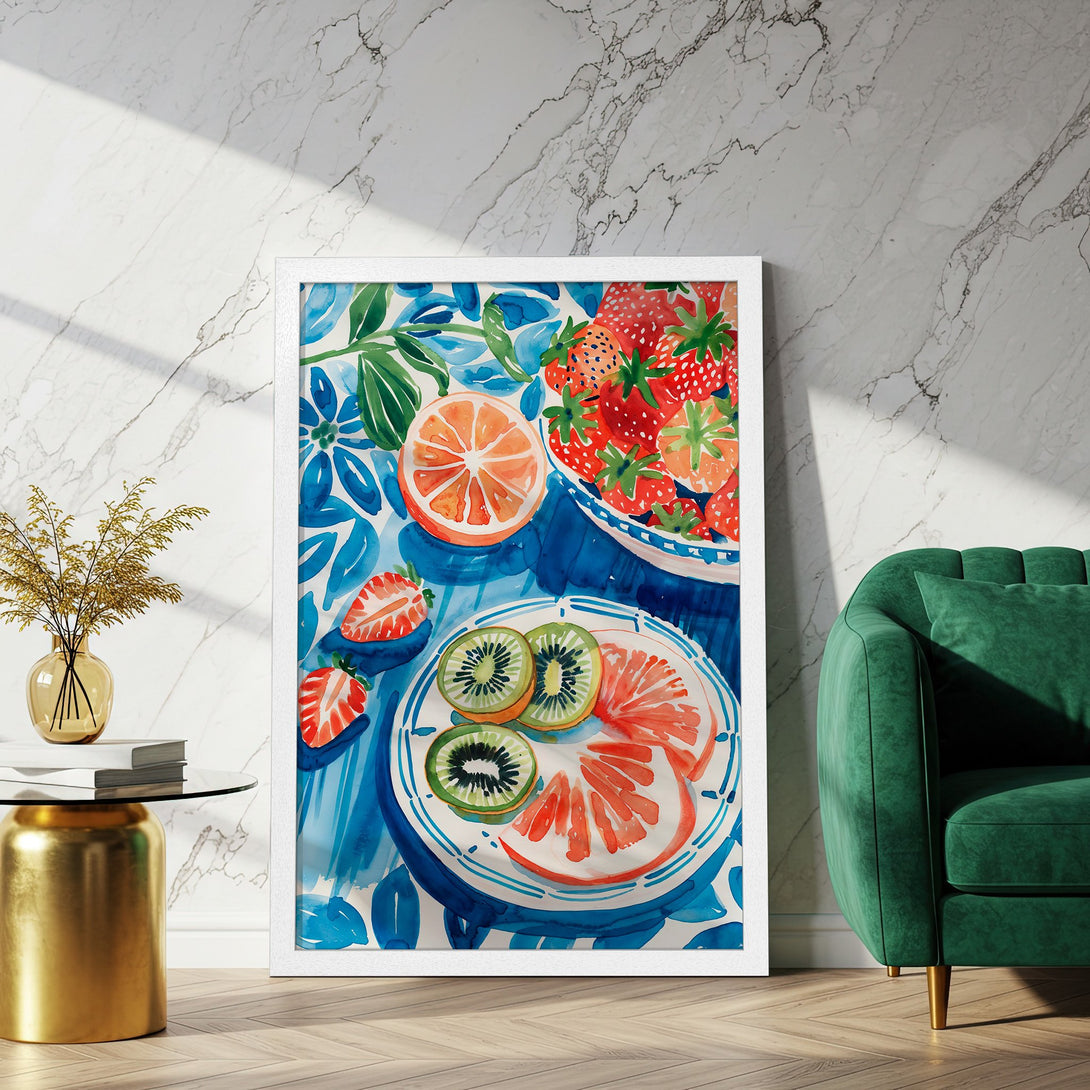 Framed Poster featuring a watercolor fruit illustration. Vibrant red, blue, and green color palette. Add a touch of freshness to your space!