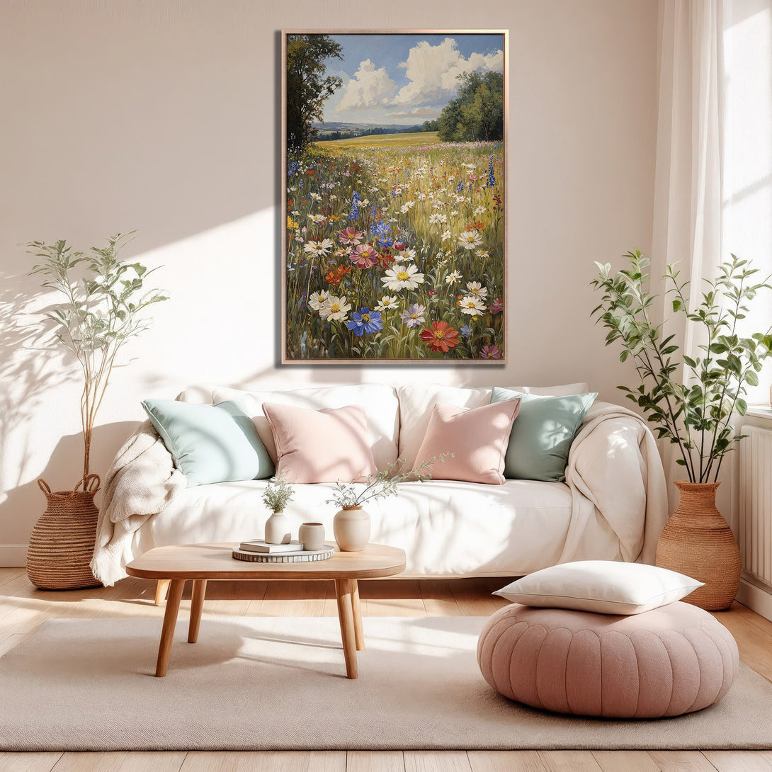 Framed Wall Art featuring a vibrant floral field landscape painting. Soft, pastel color palette adds a touch of elegance to any space. Perfect for home decor!