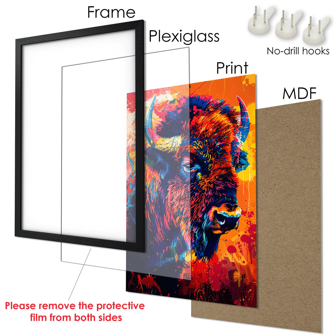 Framed Poster featuring a vibrant bison art print. Bold, colorful palette for modern wall decor.