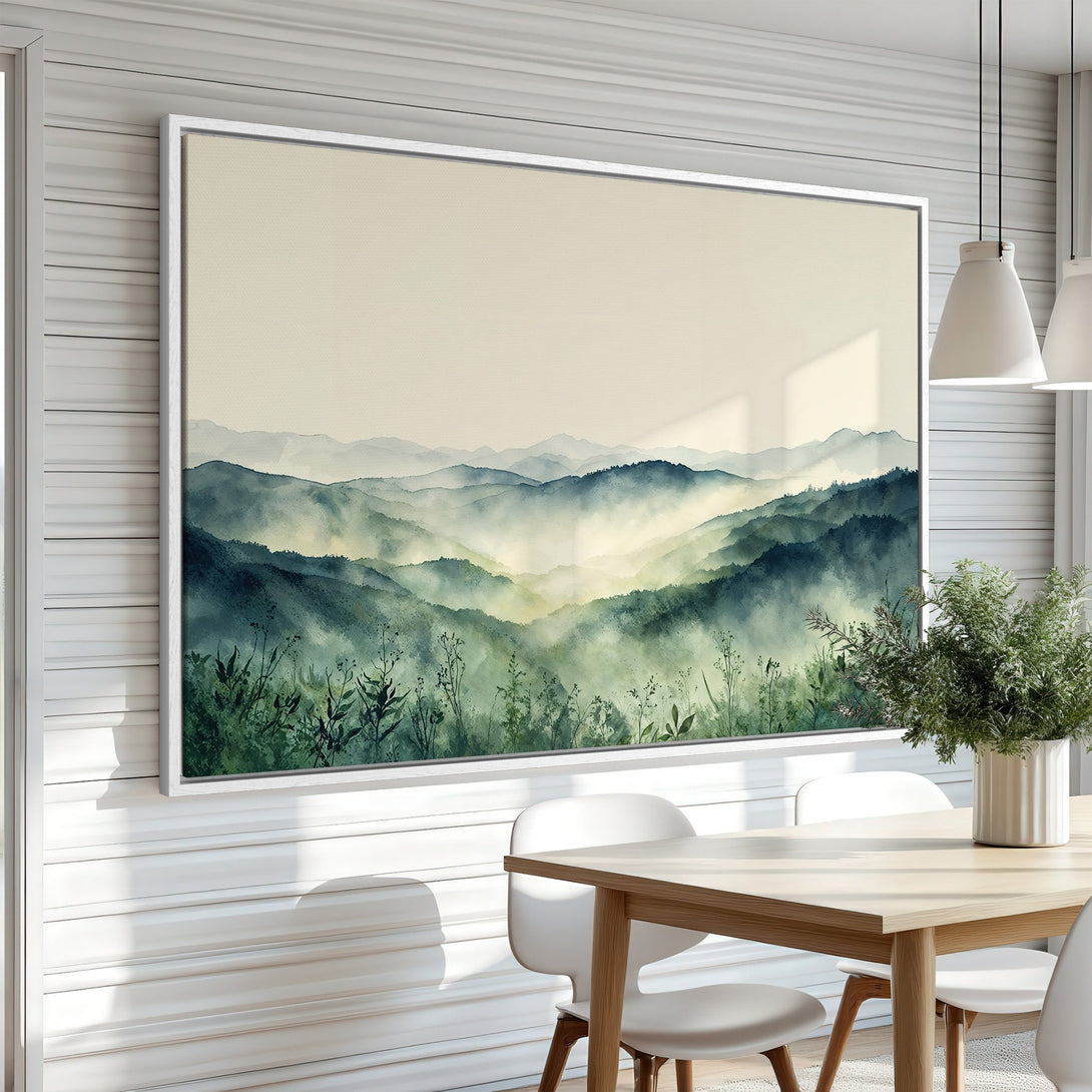 Framed Wall Art of a watercolor mountain landscape in calming blue and green hues. Perfect for adding a touch of nature to your home decor.