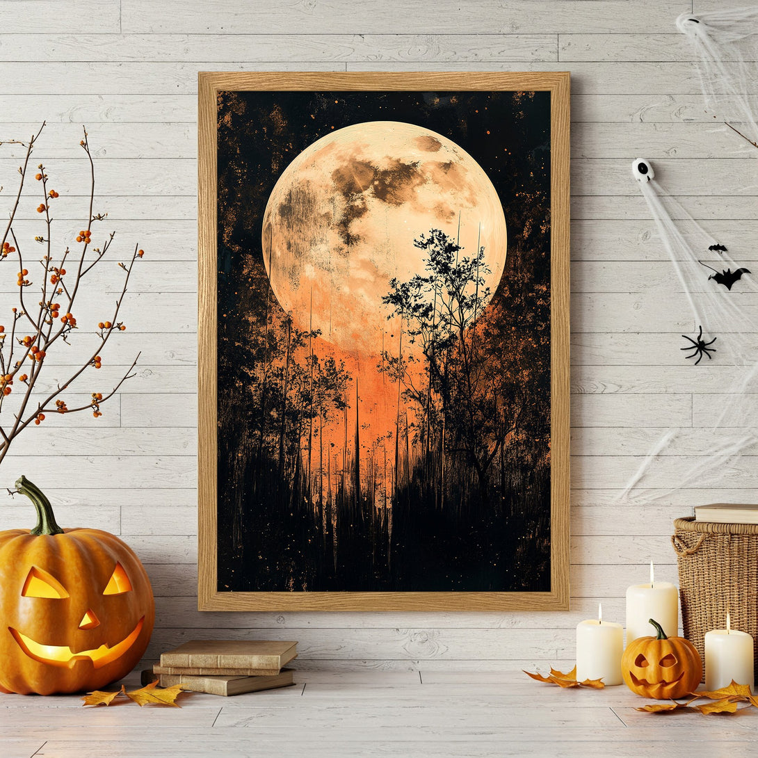 Framed Poster featuring a spooky moonlit forest scene in orange and black, perfect for Halloween decor.