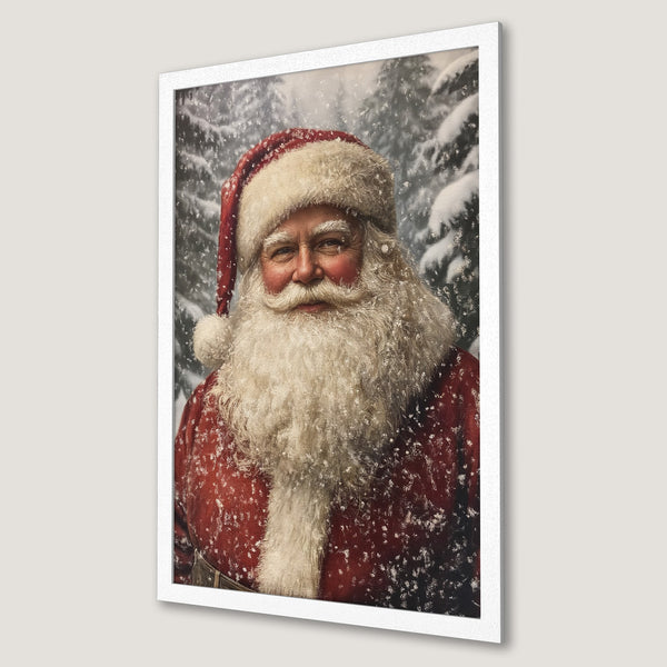 Framed Poster of Santa Claus in a snowy forest, classic style, red, white, and gray color palette. Perfect Christmas decor!