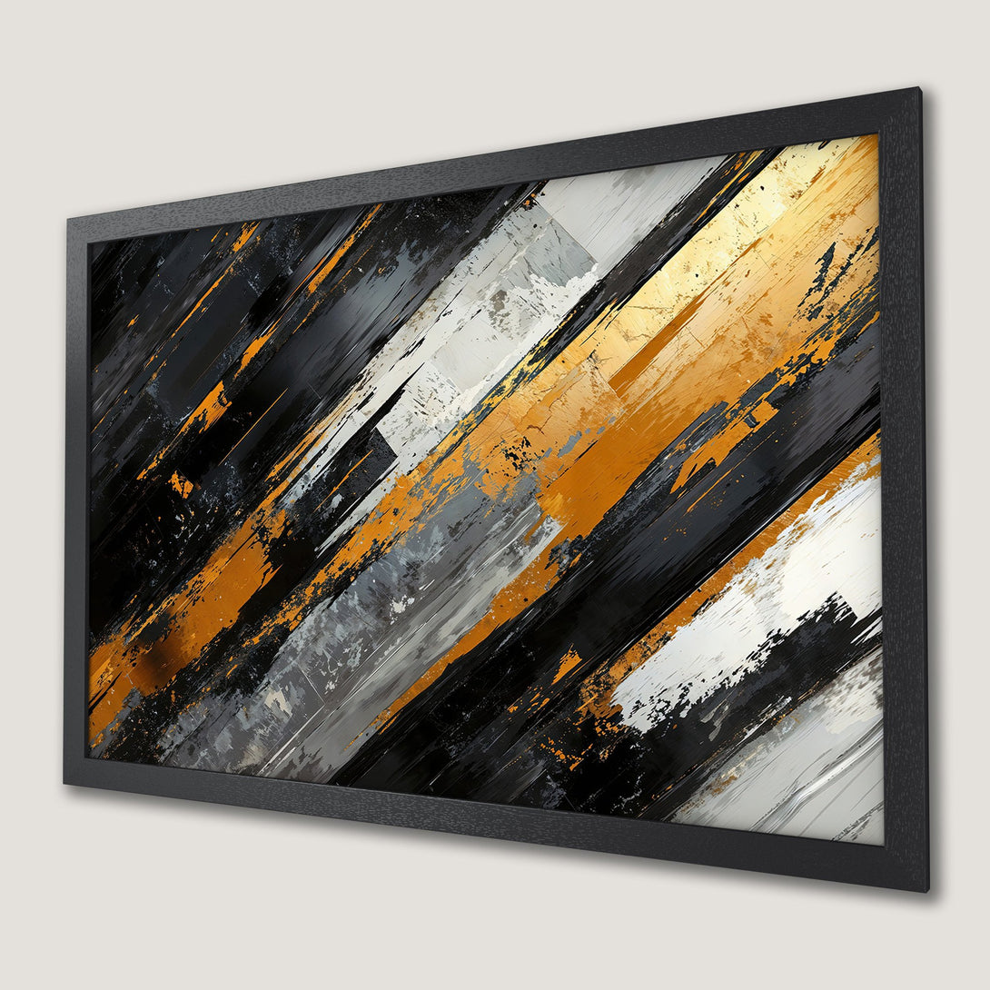Framed Poster with abstract brushstroke art in black, gold, and gray. Modern wall decor.