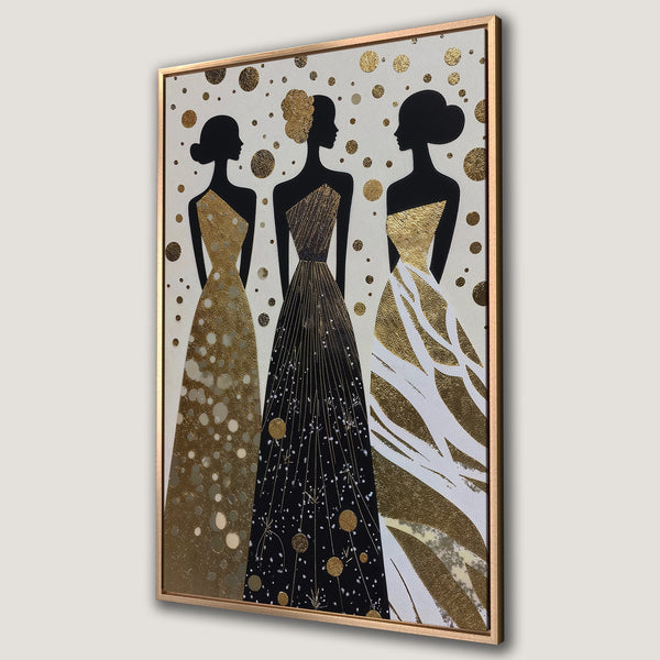 Framed Wall Art featuring elegant silhouettes in gold, black, and white. Modern abstract art with a glamorous style, perfect for adding sophistication.
