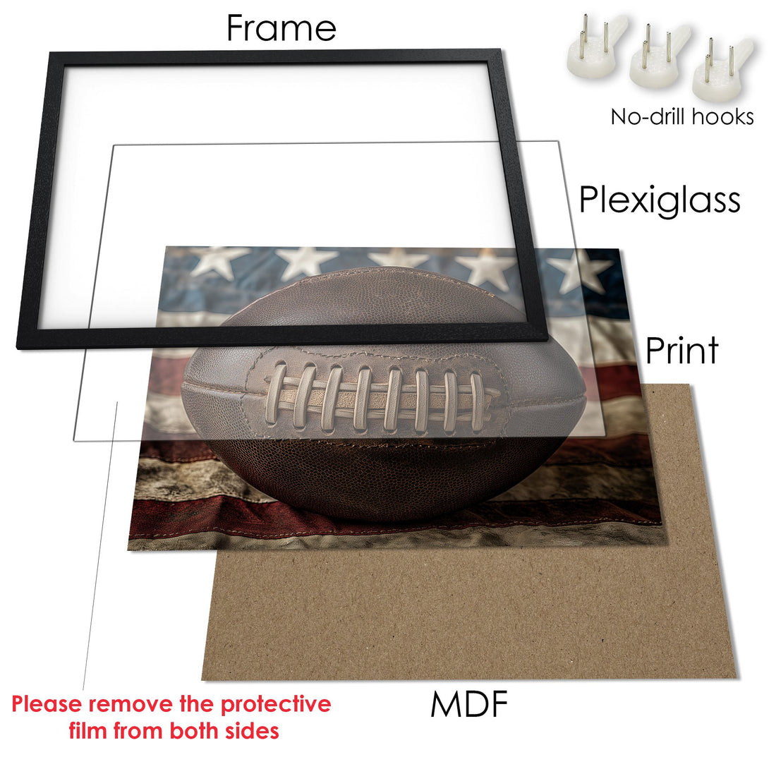 Framed Poster featuring a vintage football over an American flag. Rustic style, brown and blue color palette. Perfect for any sports fan!