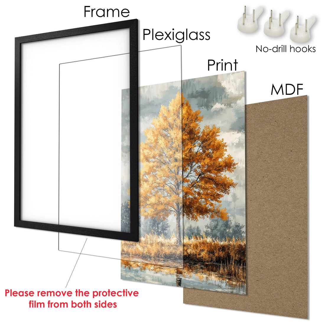 Framed Poster of a golden tree landscape in a painterly style, with a muted color palette of gold, gray, and brown. Ready to hang!