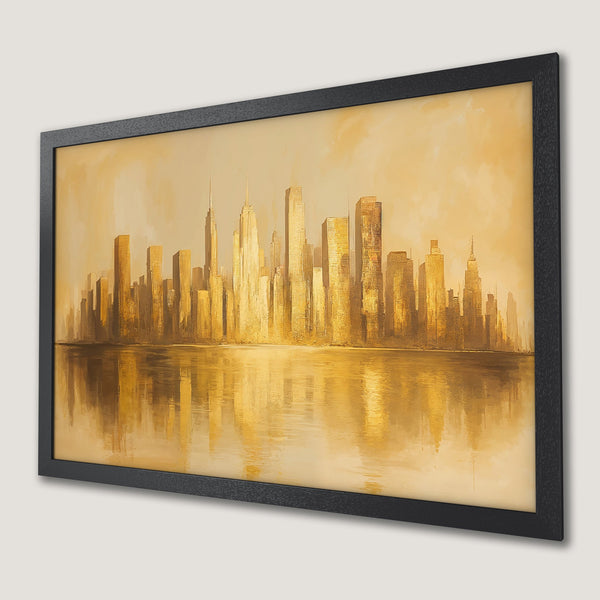 Framed Poster of NYC skyline in gold tones. Modern art print for home decor.