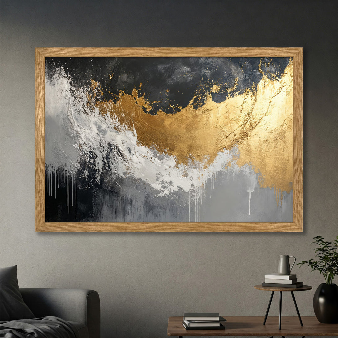 Framed Poster featuring abstract gold, black, and white art. Modern wall decor with a luxurious color palette. Add a touch of elegance to your space.