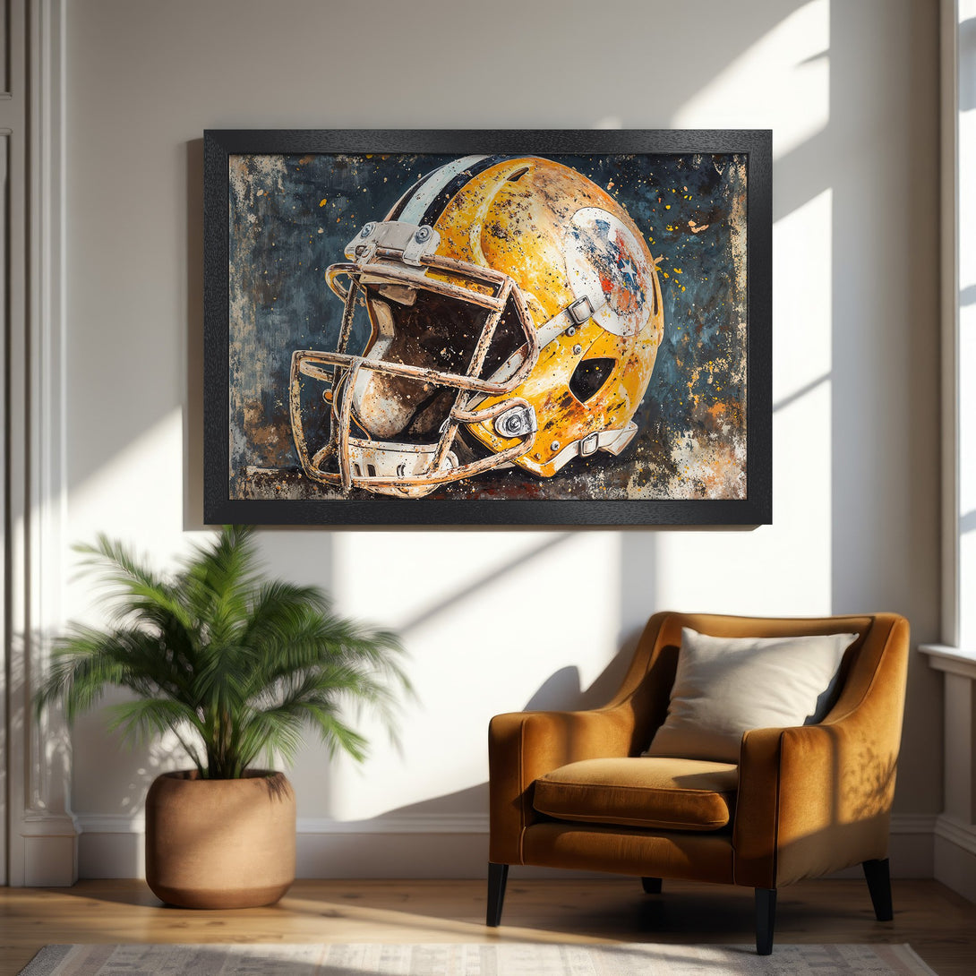 Framed Poster of a football helmet in an abstract style with a yellow, blue, and brown color palette. Perfect wall art for sports fans!