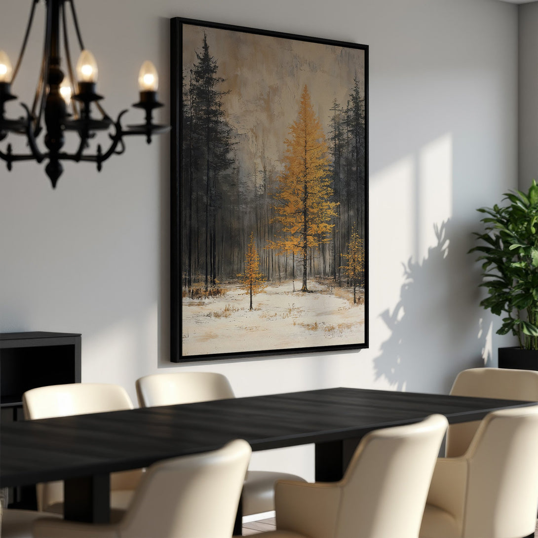 Framed Wall Art: Abstract forest painting with gold and black trees. Adds a touch of nature's beauty to your dining room. Shop now for unique wall decor!